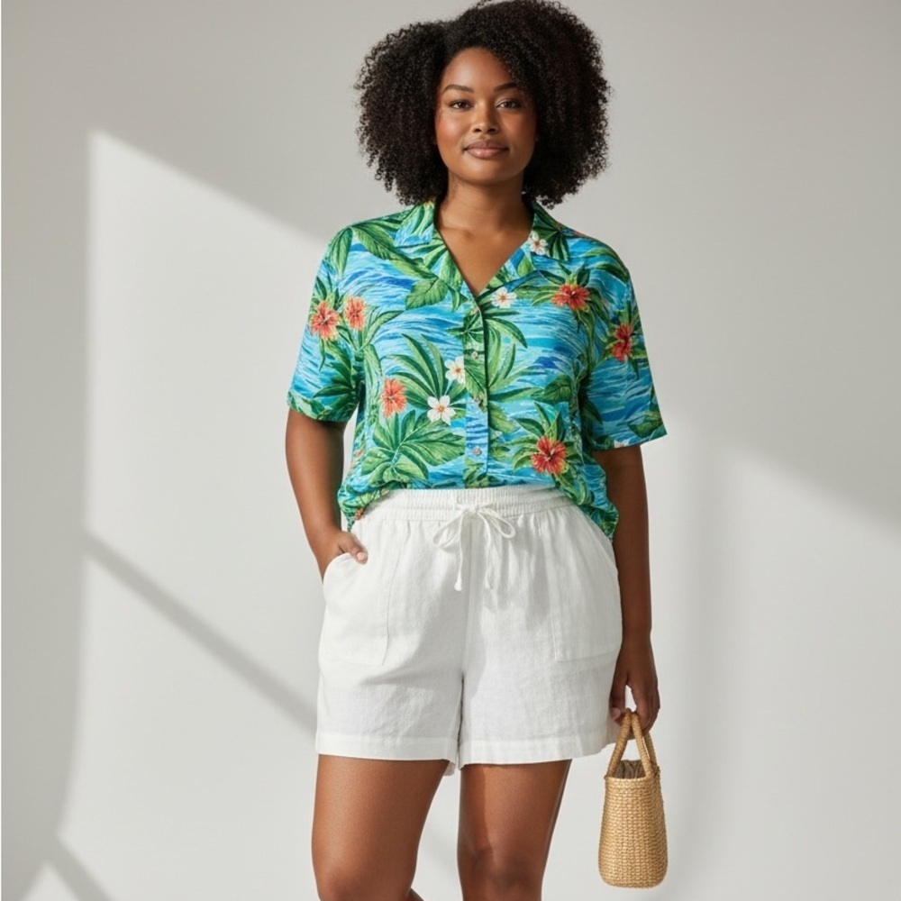 New 1X White Linen Blend Drawstring Shorts Resortwear Vacation Beach Summer